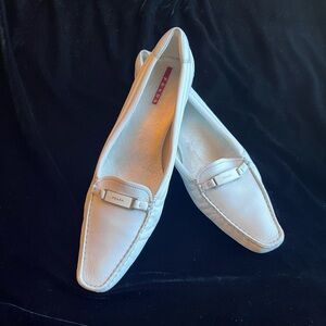 Prada Women's White Leather Kitten Heel Loafers
